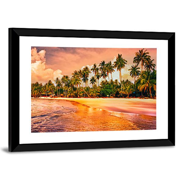 Tropical Beach With Palm Trees At Sunset Canvas Wall Art-3 Horizontal-Gallery Wrap-25" x 16"-Tiaracle