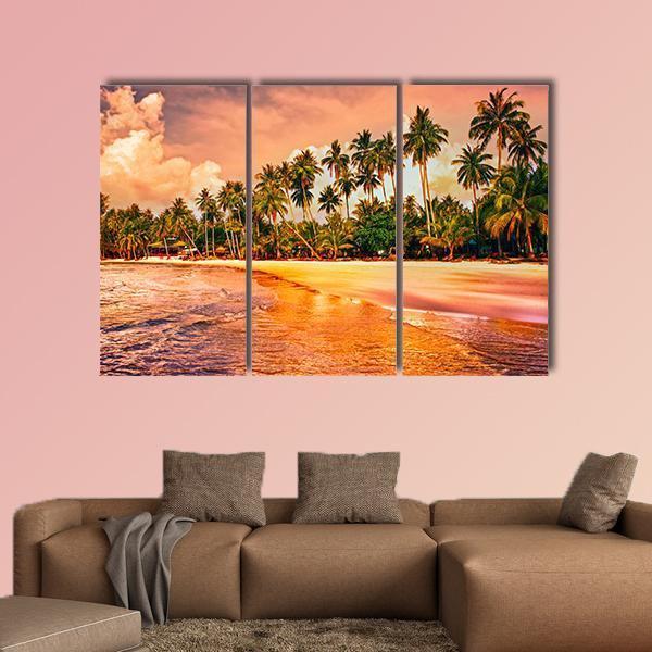Tropical Beach With Palm Trees At Sunset Canvas Wall Art-3 Horizontal-Gallery Wrap-37" x 24"-Tiaracle