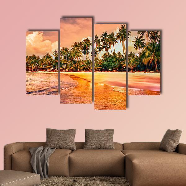 Tropical Beach With Palm Trees At Sunset Canvas Wall Art-4 Pop-Gallery Wrap-50" x 32"-Tiaracle