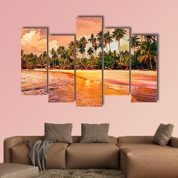 Tropical Beach With Palm Trees At Sunset Canvas Wall Art-5 Pop-Gallery Wrap-47" x 32"-Tiaracle