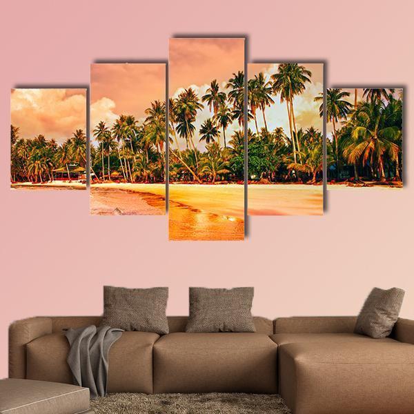 Tropical Beach With Palm Trees At Sunset Canvas Wall Art-5 Star-Gallery Wrap-62" x 32"-Tiaracle