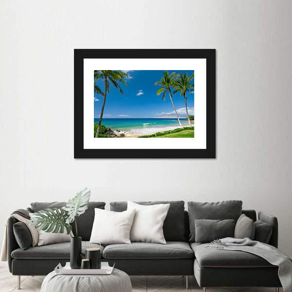 Tropical Beach With Palm Trees Canvas Wall Art-1 Piece-Framed Print-20" x 16"-Tiaracle