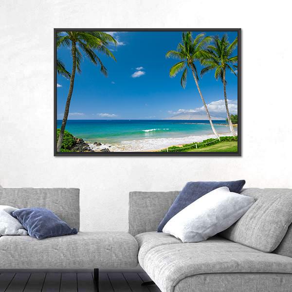 Tropical Beach With Palm Trees Canvas Wall Art-1 Piece-Floating Frame-24" x 16"-Tiaracle