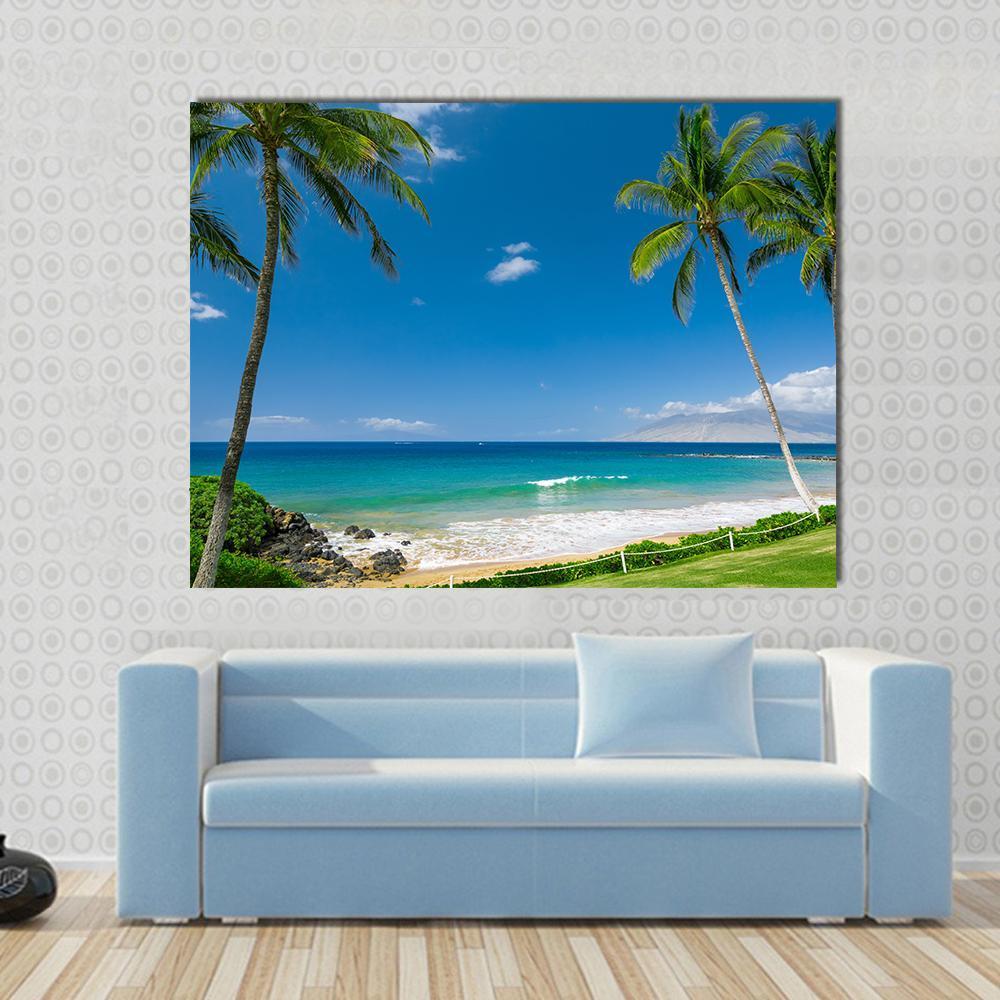 Tropical Beach With Palm Trees Canvas Wall Art-4 Horizontal-Gallery Wrap-34" x 24"-Tiaracle