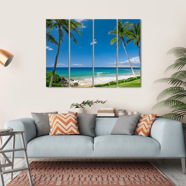 Tropical Beach With Palm Trees Canvas Wall Art-4 Horizontal-Gallery Wrap-34" x 24"-Tiaracle