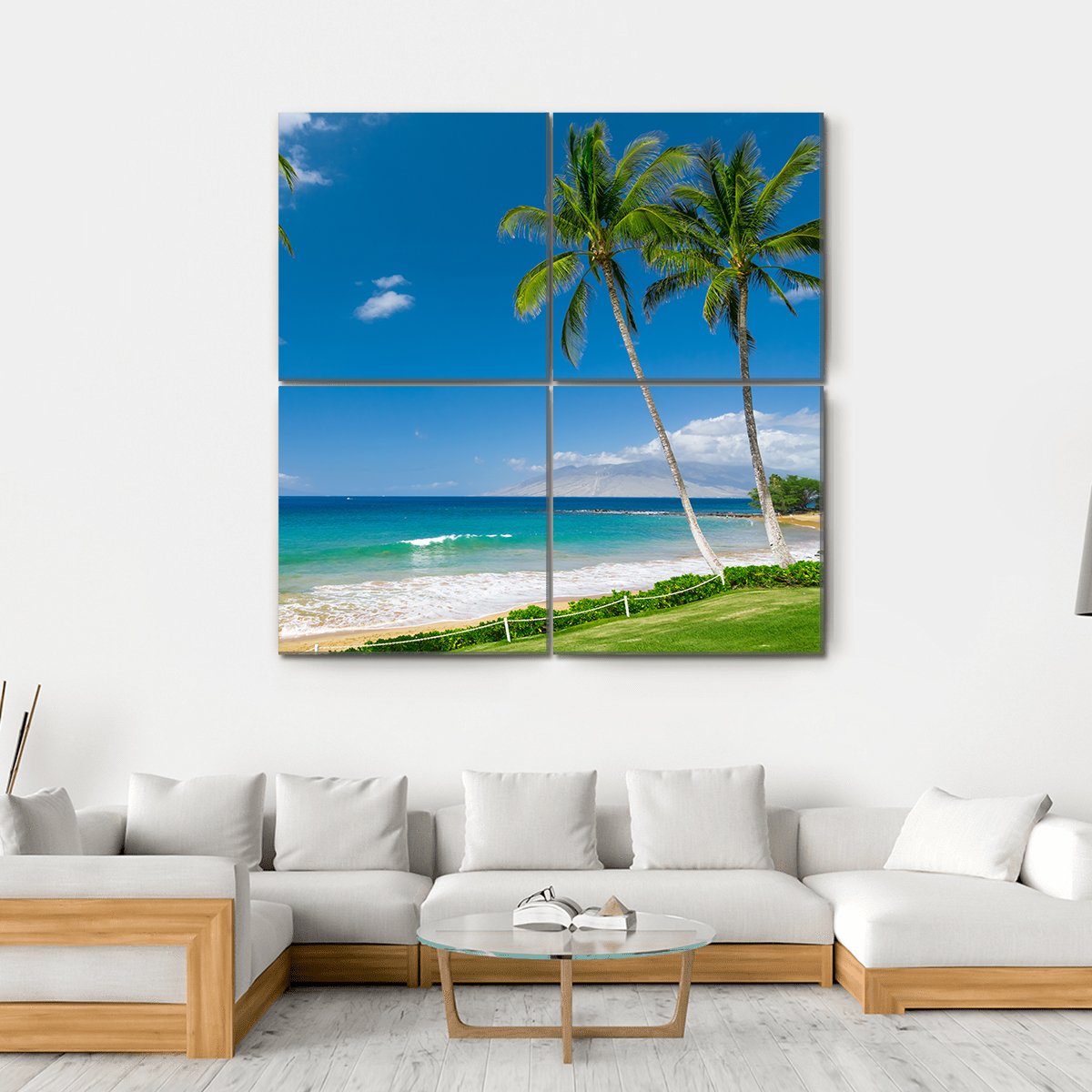 Tropical Beach With Palm Trees Canvas Wall Art-4 Square-Gallery Wrap-17" x 17"-Tiaracle