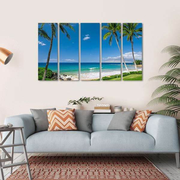 Tropical Beach With Palm Trees Canvas Wall Art-5 Horizontal-Gallery Wrap-22" x 12"-Tiaracle