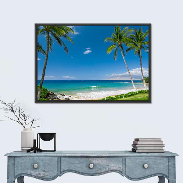 Tropical Beach With Palm Trees Canvas Wall Art-3 Horizontal-Gallery Wrap-25" x 16"-Tiaracle