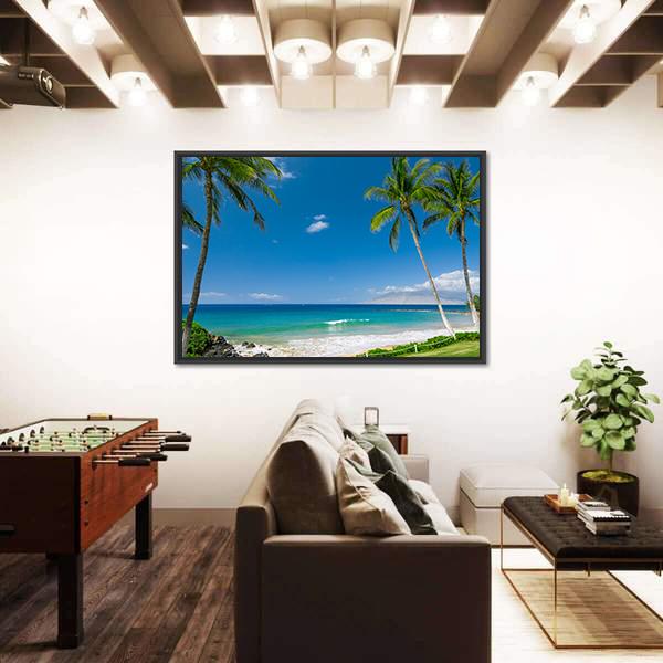 Tropical Beach With Palm Trees Canvas Wall Art-3 Horizontal-Gallery Wrap-25" x 16"-Tiaracle