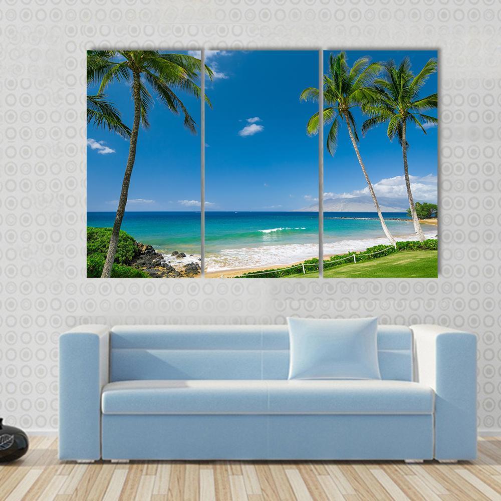 Tropical Beach With Palm Trees Canvas Wall Art-3 Horizontal-Gallery Wrap-37" x 24"-Tiaracle