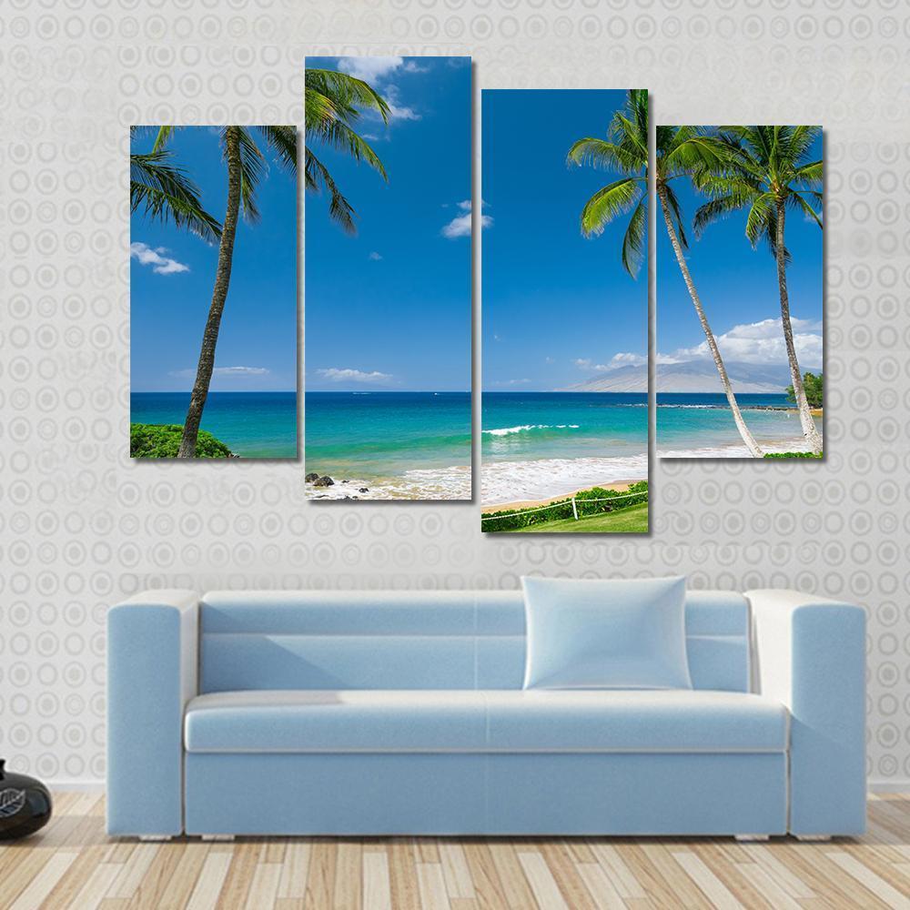 Tropical Beach With Palm Trees Canvas Wall Art-4 Pop-Gallery Wrap-50" x 32"-Tiaracle