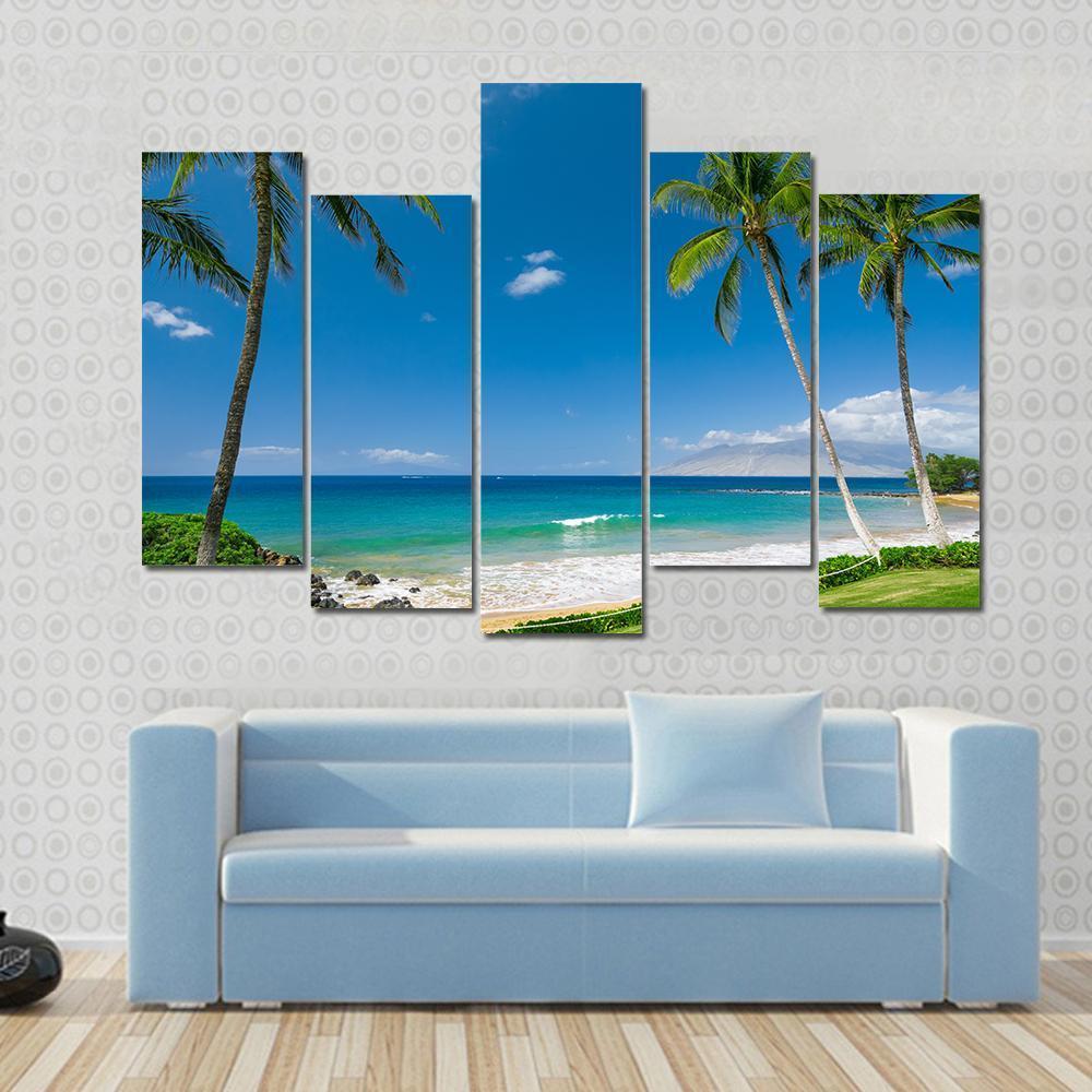 Tropical Beach With Palm Trees Canvas Wall Art-5 Pop-Gallery Wrap-47" x 32"-Tiaracle
