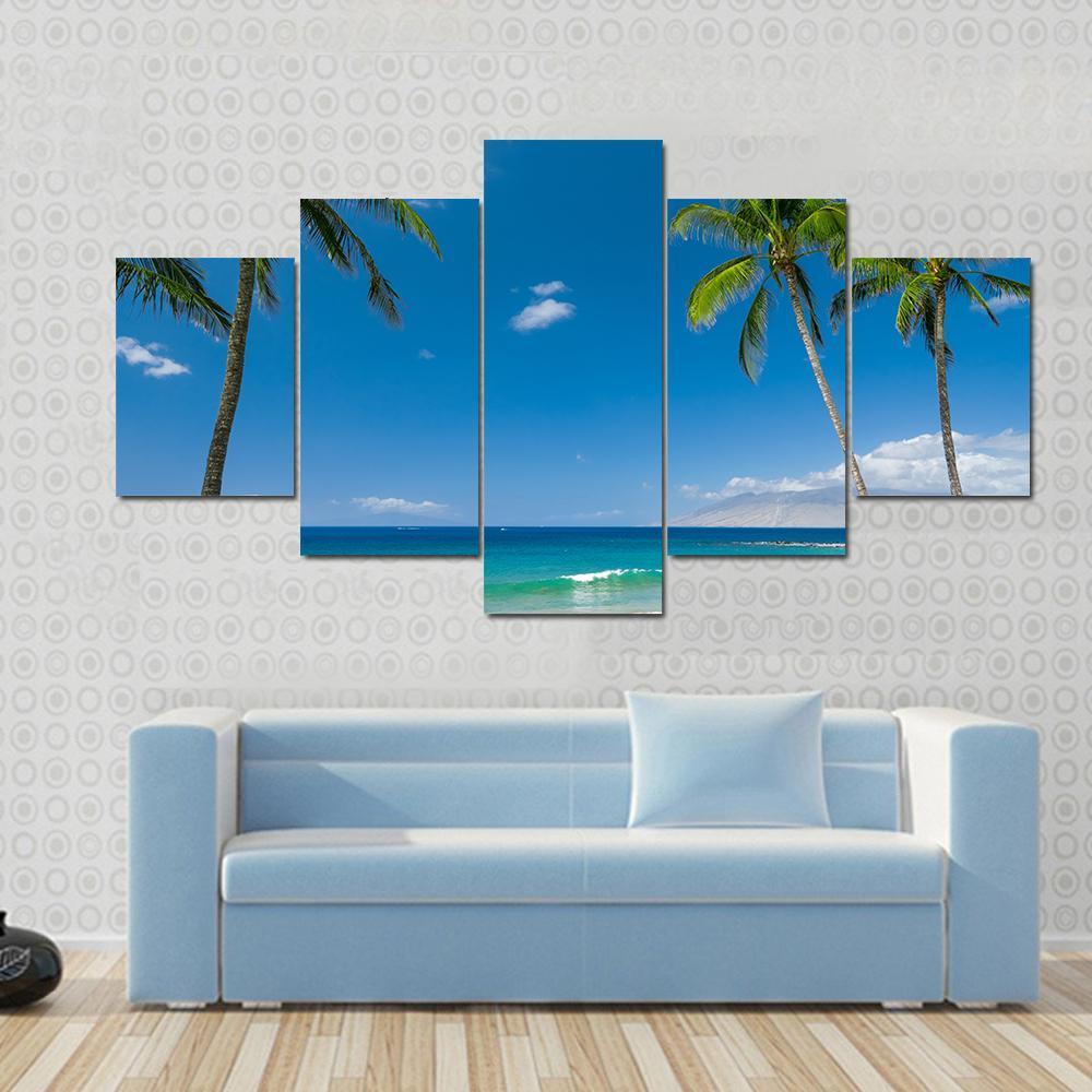 Tropical Beach With Palm Trees Canvas Wall Art-5 Star-Gallery Wrap-62" x 32"-Tiaracle