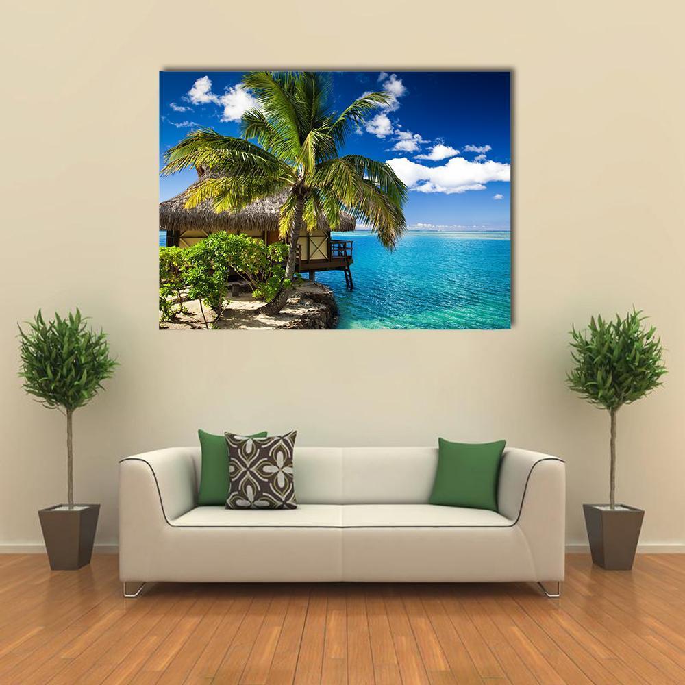 Tropical Bungalow &amp; Palm Tree Canvas Wall Art-1 Piece-Gallery Wrap-48&quot; x 32&quot;-Tiaracle