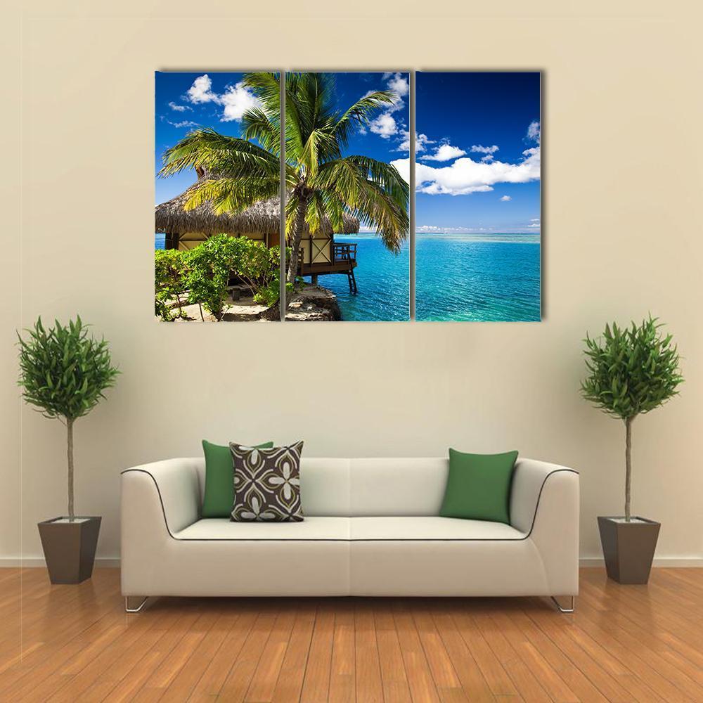 Tropical Bungalow & Palm Tree Canvas Wall Art-3 Horizontal-Gallery Wrap-37" x 24"-Tiaracle