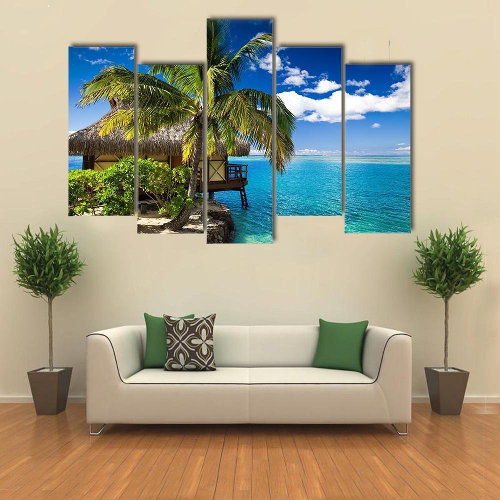 Tropical Bungalow &amp; Palm Tree Canvas Wall Art-5 Pop-Gallery Wrap-47&quot; x 32&quot;-Tiaracle