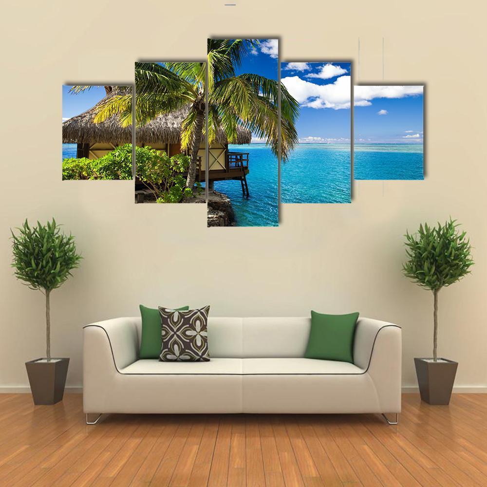 Tropical Bungalow & Palm Tree Canvas Wall Art-5 Pop-Gallery Wrap-47" x 32"-Tiaracle