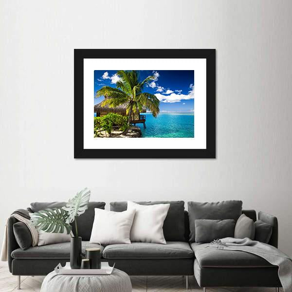Tropical Bungalow &amp; Palm Tree Canvas Wall Art-1 Piece-Framed Print-20&quot; x 16&quot;-Tiaracle