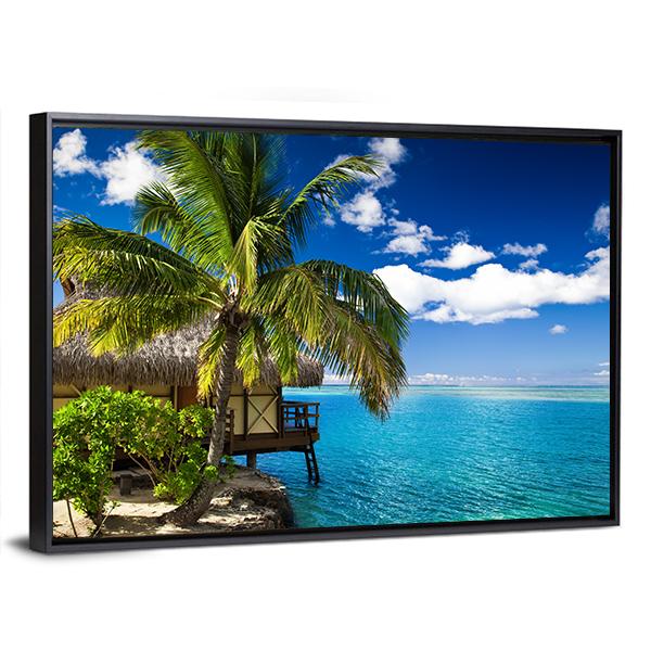 Tropical Bungalow & Palm Tree Canvas Wall Art-3 Horizontal-Gallery Wrap-25" x 16"-Tiaracle