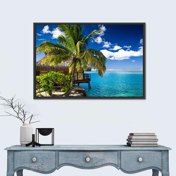 Tropical Bungalow & Palm Tree Canvas Wall Art-3 Horizontal-Gallery Wrap-25" x 16"-Tiaracle