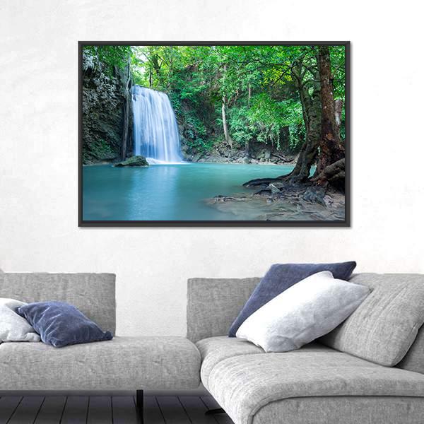 Tropical Erawan Waterfall Canvas Wall Art-1 Piece-Floating Frame-24" x 16"-Tiaracle