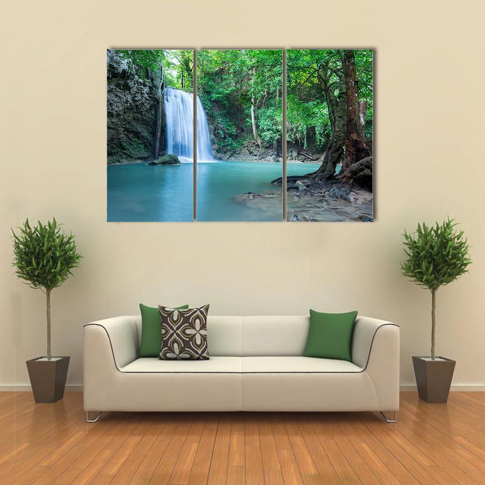 Tropical Erawan Waterfall Canvas Wall Art-3 Horizontal-Gallery Wrap-37" x 24"-Tiaracle