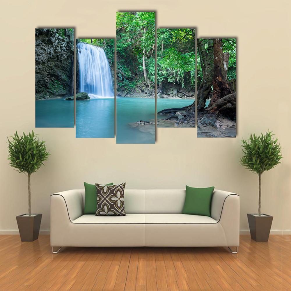 Tropical Erawan Waterfall Canvas Wall Art-5 Pop-Gallery Wrap-47" x 32"-Tiaracle