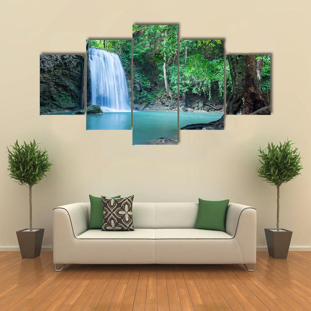 Tropical Erawan Waterfall Canvas Wall Art-5 Star-Gallery Wrap-62" x 32"-Tiaracle
