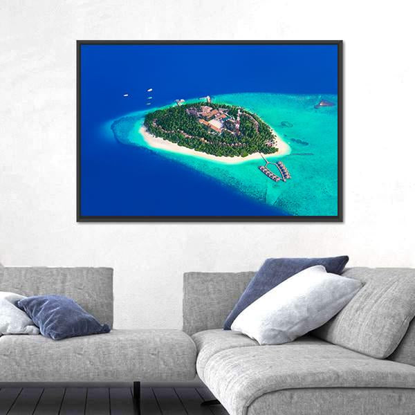 Maldives Tropical Island Aerial View Canvas Wall Art in green and blue, framed canvas, product view on a white background