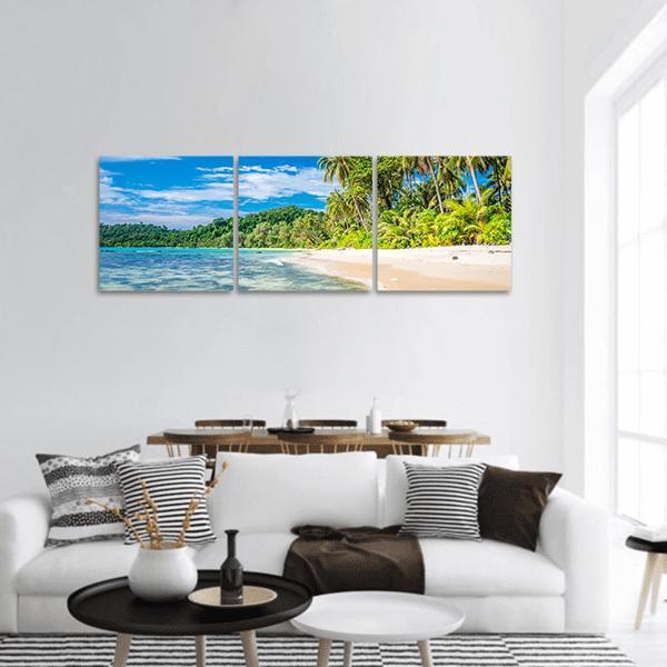 Tropical Island Beach Thailand Panoramic Canvas Wall Art in beige, green and blue, hung on a wall