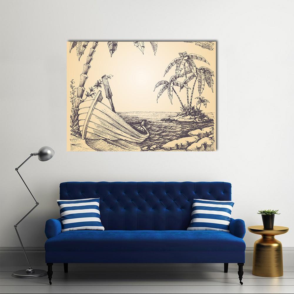 Weathered Boat on Tropical Shore Sketch Canvas Wall Art in black and beige, single panel hung on a wall