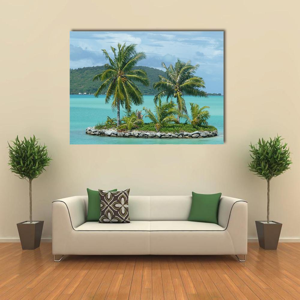 Bora Bora Tropical Islet in Turquoise Sea Canvas Wall Art in green and blue, single panel hung on a wall