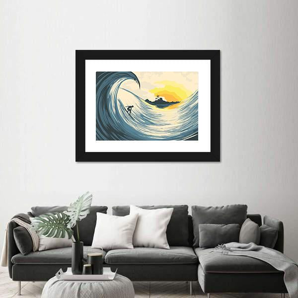 Tropical Island Wave And Surfer At Sunset Canvas Wall Art-1 Piece-Framed Print-20&quot; x 16&quot;-Tiaracle