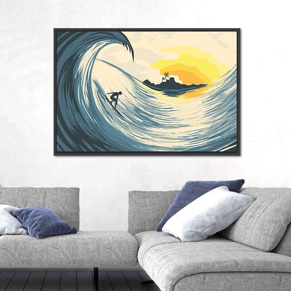 Tropical Island Wave And Surfer At Sunset Canvas Wall Art-1 Piece-Floating Frame-24&quot; x 16&quot;-Tiaracle