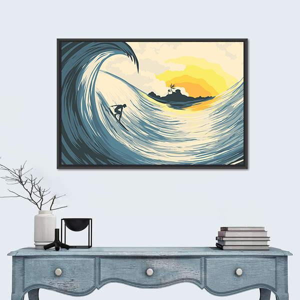Tropical Island Wave And Surfer At Sunset Canvas Wall Art-5 Horizontal-Gallery Wrap-22" x 12"-Tiaracle