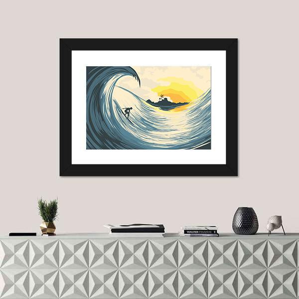 Tropical Island Wave And Surfer At Sunset Canvas Wall Art-5 Horizontal-Gallery Wrap-22" x 12"-Tiaracle