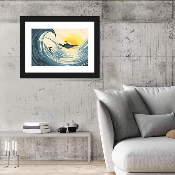 Tropical Island Wave And Surfer At Sunset Canvas Wall Art-5 Horizontal-Gallery Wrap-22" x 12"-Tiaracle
