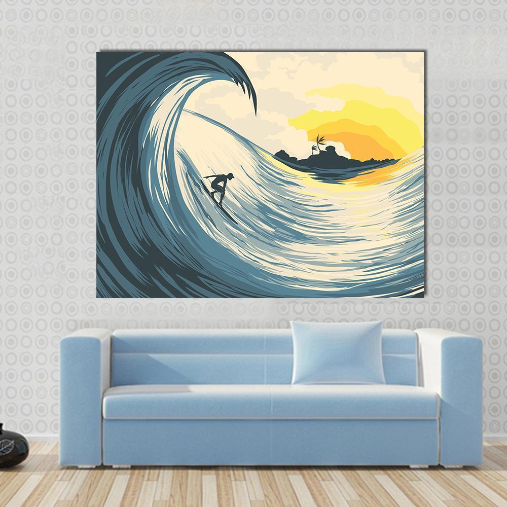 Surfer Inside Tropical Wave at Sunset Canvas Wall Art in beige, yellow and blue, single panel hung on a wall