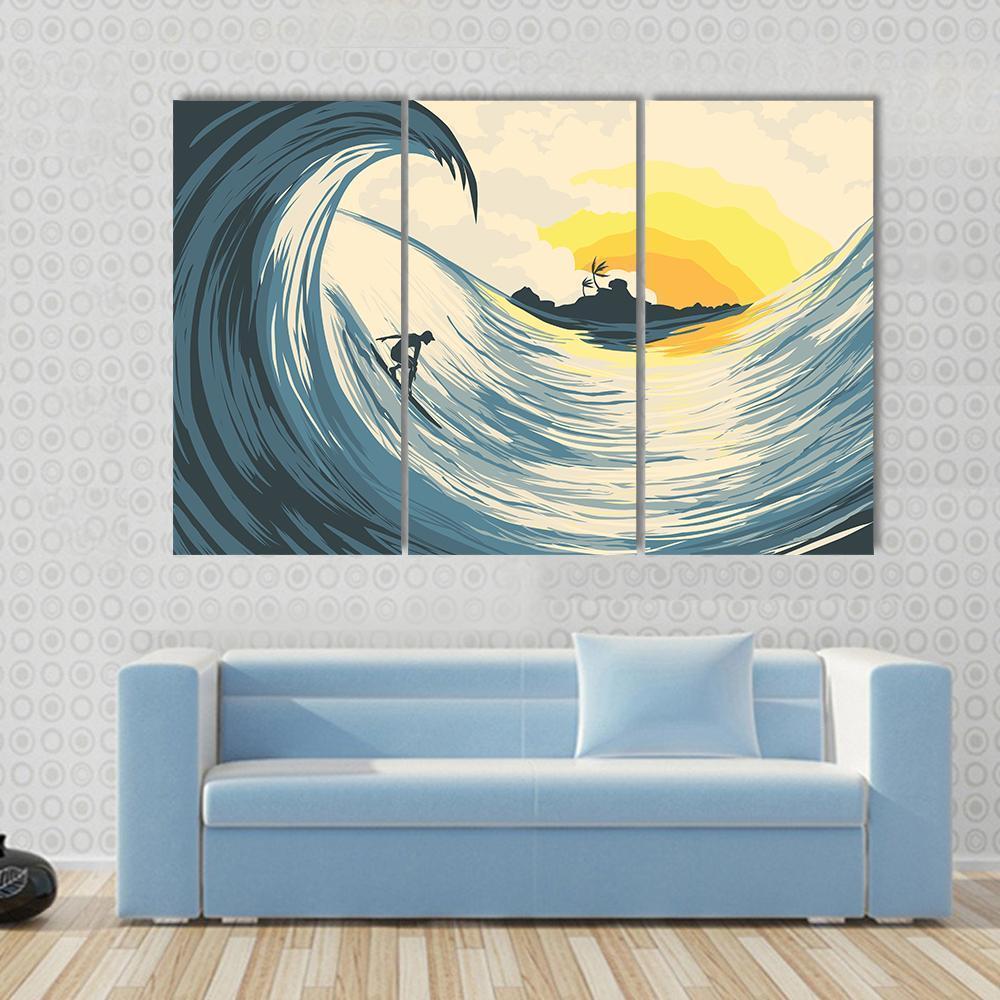Tropical Island Wave And Surfer At Sunset Canvas Wall Art-1 Piece-Gallery Wrap-48" x 32"-Tiaracle