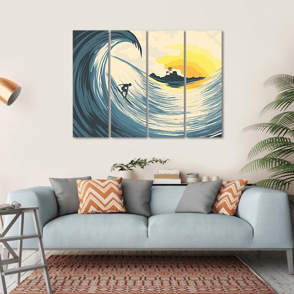 Tropical Island Wave And Surfer At Sunset Canvas Wall Art-4 Horizontal-Gallery Wrap-34" x 24"-Tiaracle