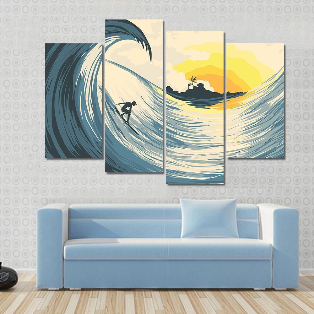 Tropical Island Wave And Surfer At Sunset Canvas Wall Art-4 Pop-Gallery Wrap-50&quot; x 32&quot;-Tiaracle