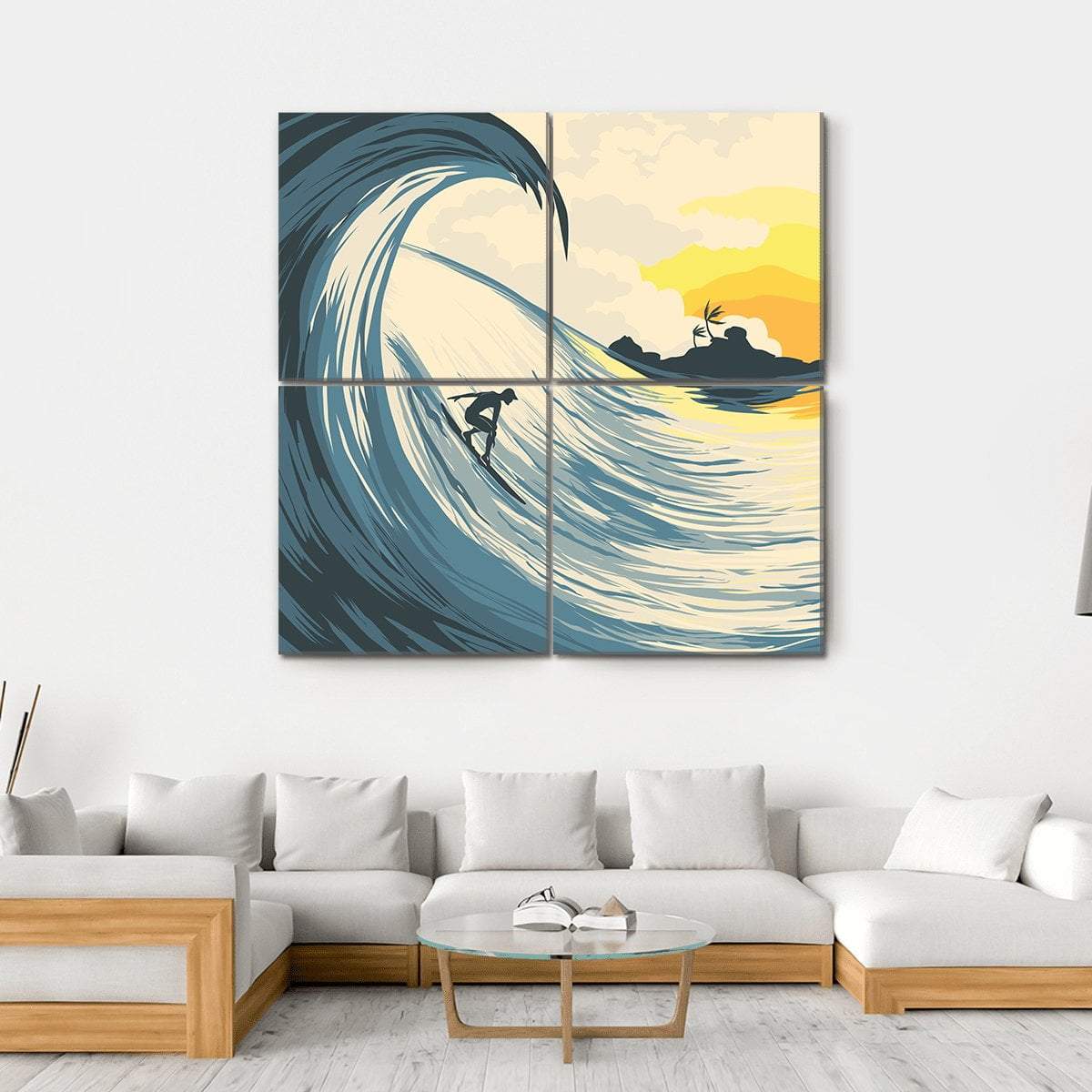 Tropical Island Wave And Surfer At Sunset Canvas Wall Art-4 Square-Gallery Wrap-17" x 17"-Tiaracle