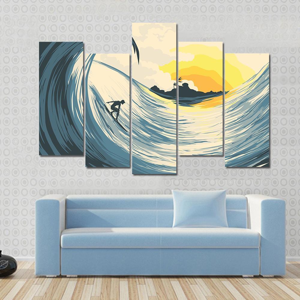 Tropical Island Wave And Surfer At Sunset Canvas Wall Art-5 Pop-Gallery Wrap-47&quot; x 32&quot;-Tiaracle