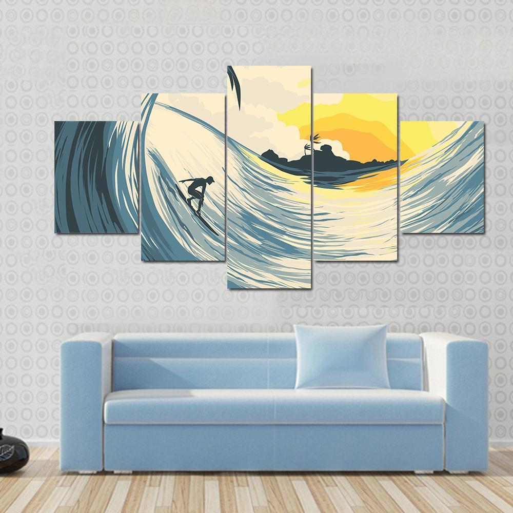 Tropical Island Wave And Surfer At Sunset Canvas Wall Art-5 Star-Gallery Wrap-62&quot; x 32&quot;-Tiaracle