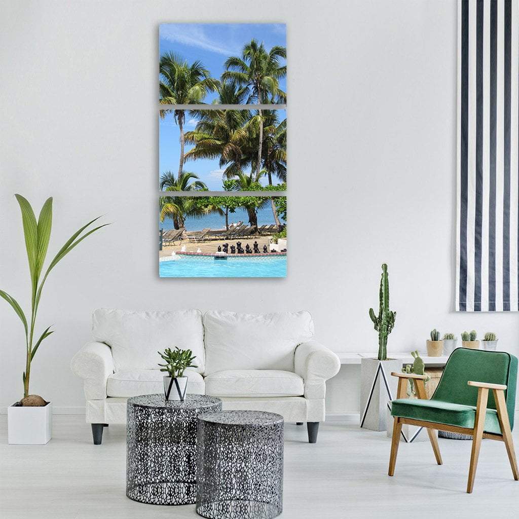 Tropical Palm Trees In Summer Pool Vertical Canvas Wall Art-3 Vertical-Gallery Wrap-12" x 25"-Tiaracle