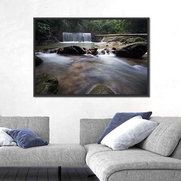 Tropical Rainforest With Waterfall Canvas Wall Art-1 Piece-Floating Frame-24" x 16"-Tiaracle