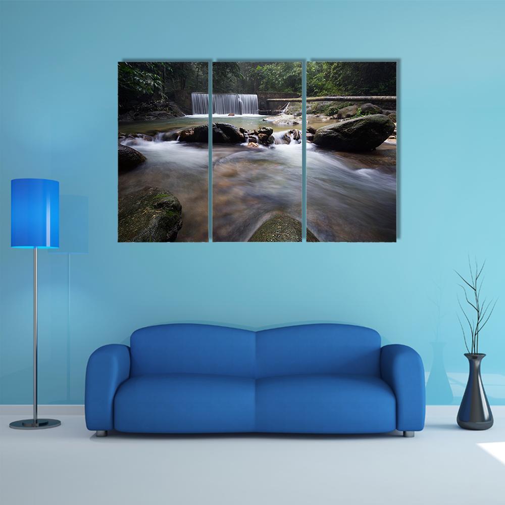 Tropical Rainforest With Waterfall Canvas Wall Art-5 Pop-Gallery Wrap-47" x 32"-Tiaracle