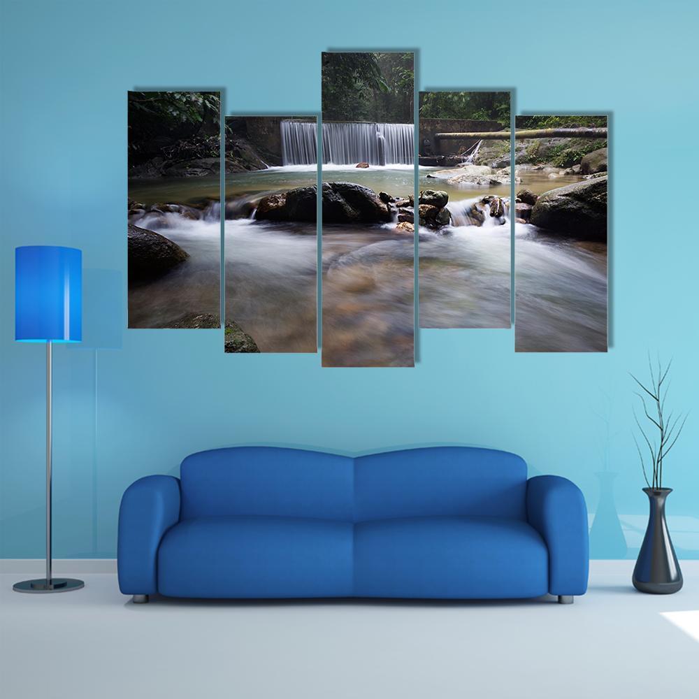 Tropical Rainforest With Waterfall Canvas Wall Art-5 Pop-Gallery Wrap-47" x 32"-Tiaracle