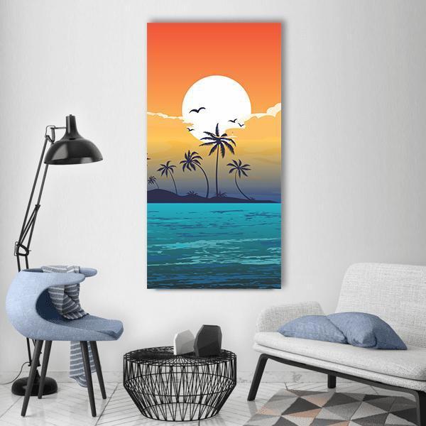 Tropical Sunset with Palm Silhouettes Vertical Canvas Wall Art in orange, yellow and blue, single vertical panel hung on a wall