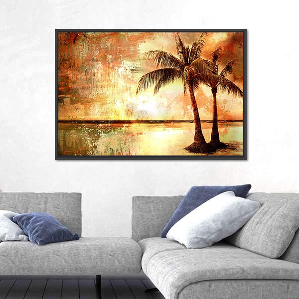 Tropical Sunset with Palm Trees and Reflection Canvas Wall Art in brown, orange and yellow, framed canvas, product view on a white background